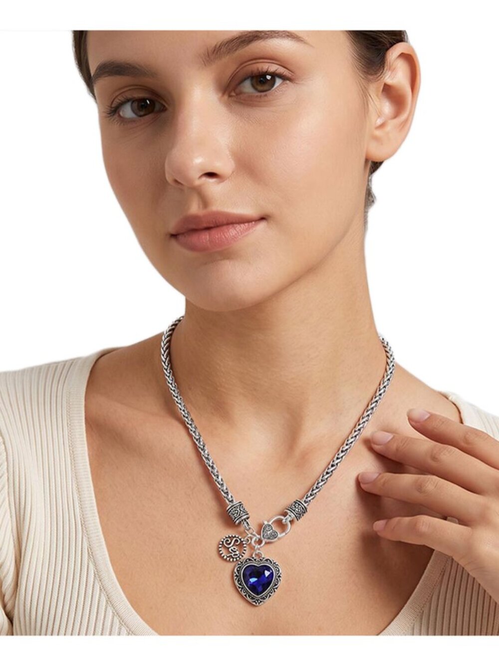 Tigerstars SEPTEMBER - Birthstone Heart Charm Pendant Braided Chain Necklace